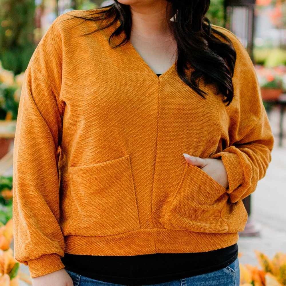 Sweater Chenille Knit V-Neck Solid Mustard